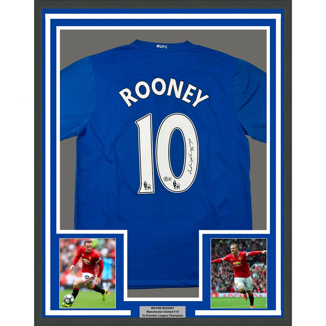 Framed Wayne Rooney Autographed Manchester United Jersey BAS COA: Framed Wayne Rooney Autographed Manchester United Jersey BAS COA Celebrate the legacy of Wayne Rooney with this stunning framed autographed Manchester United blue soccer jersey. This original item fea