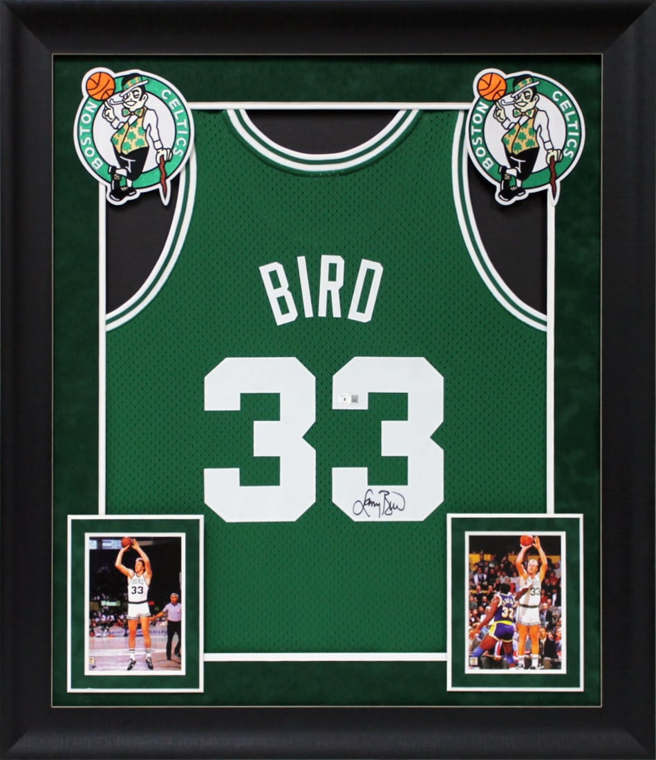 Larry Bird Signed 1985 Green M&N Swingman Framed Jersey Beckett Authenticated: Larry Bird Signed 1985 Green M&N Swingman Framed Jersey Beckett Authenticated Celebrate the legacy of Larry Bird with this authentic signed 1985 Green Mitchell & Ness Hardwood Classics Swingman Framed