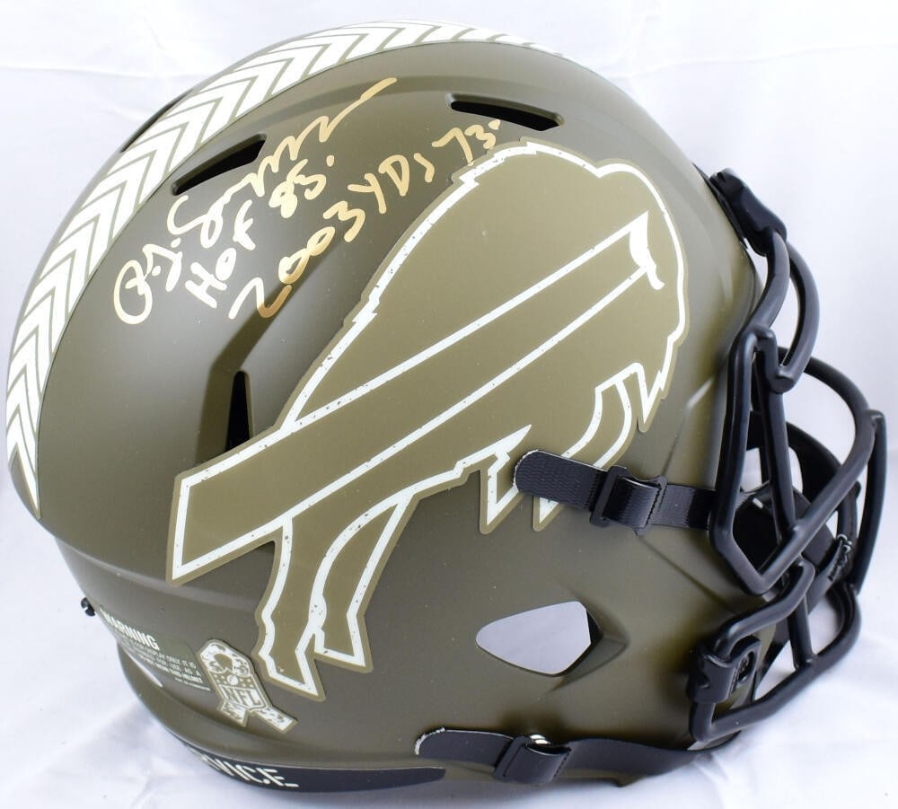 O.J. Simpson Signed Buffalo Bills Speed Helmet JSA Authenticated: O.J. Simpson Signed Buffalo Bills Speed Helmet JSA Authenticated This is an authentic O.J. Simpson signed full-size salute to service speed helmet, commemorating his remarkable career. The helmet feat