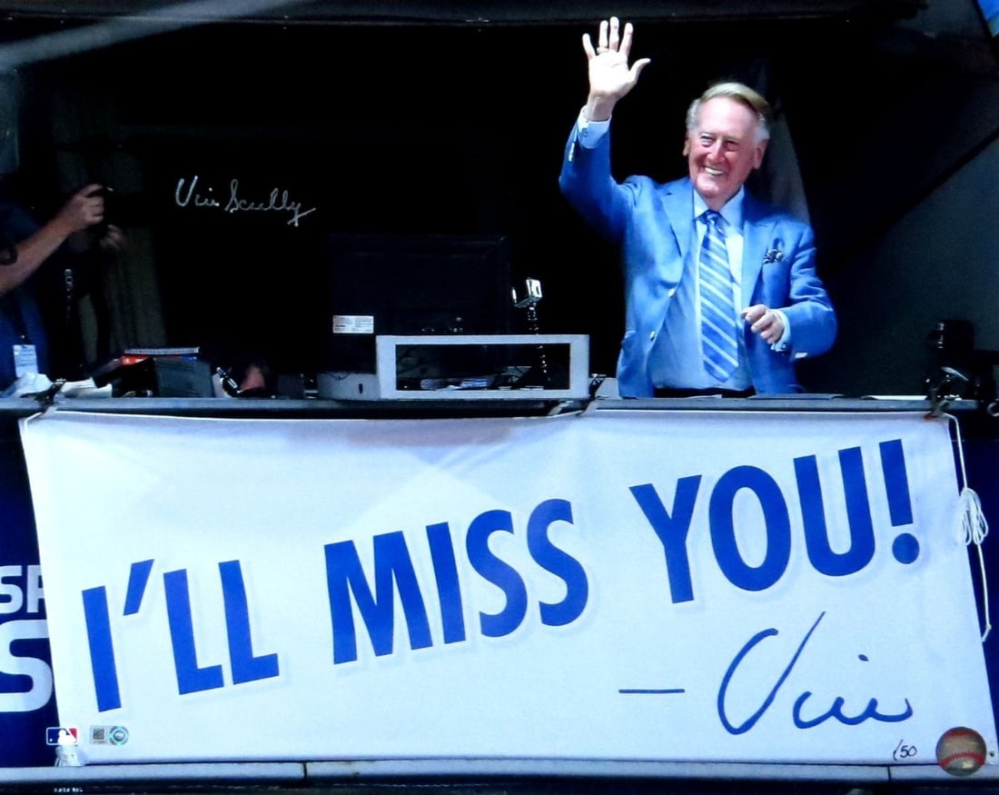 Vin Scully Hand Signed 16X20 Dodgers Photo With "I'll Miss You" Inscription MLB Authenticated: Vin Scully Hand Signed 16X20 Dodgers Photo With "I'll Miss You" Inscription MLB Authenticated This is an original 16x20 photo autographed by Vin Scully, the legendary voice of the Los Angeles Dodgers.