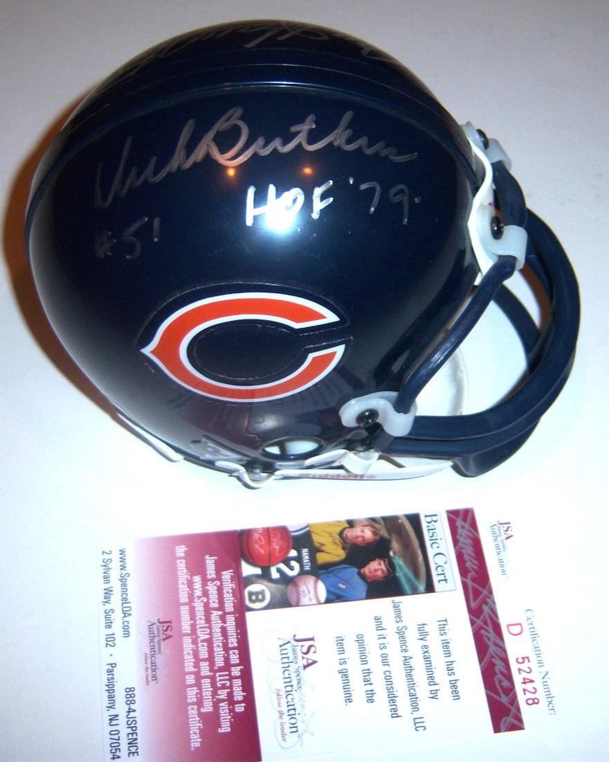 Chicago Bears Mini Helmet Autographed by Dick Butkus and Dan Hampton with JSA COA: Chicago Bears Mini Helmet Autographed by Dick Butkus and Dan Hampton with JSA COA This mini helmet features the autographs of Dick Butkus and Dan Hampton from the Chicago Bears. It is an original foot