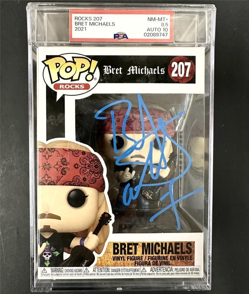 Funko Pop 207 Poison Bret Michaels Signed PSA DNA 8.5 Auto 10 Collectible: Funko Pop 207 Poison Bret Michaels Signed PSA DNA 8.5 Auto 10 Collectible This is an original Bret Michaels signed Funko Pop! #207 from Poison. The autograph has been authenticated by PSA/DNA and has