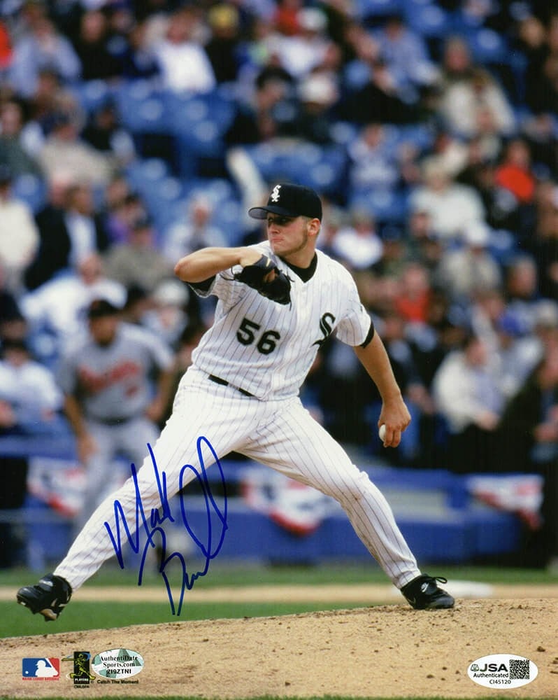 Mark Buehrle Autographed 8x10 Photo in Chicago White Sox Pinstripe Jersey JSA COA: Mark Buehrle Autographed 8x10 Photo in Chicago White Sox Pinstripe Jersey JSA COA This is an original 8x10 photograph featuring Mark Buehrle in a pitching action shot while wearing the Chicago White S