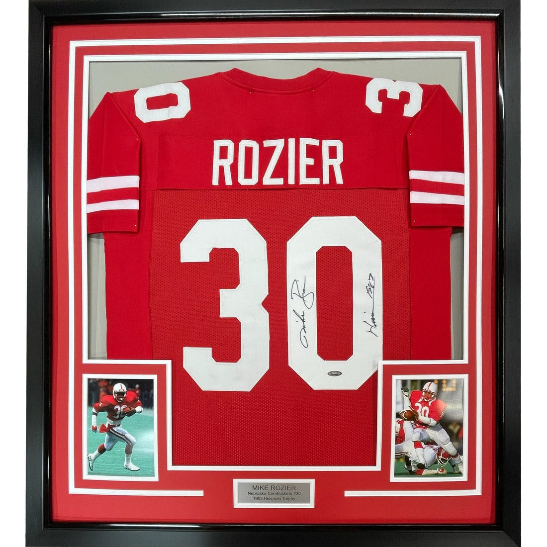 Framed Autographed Mike Rozier 1983 Heisman Jersey JSA COA Nebraska Cornhuskers: Framed Autographed Mike Rozier 1983 Heisman Jersey JSA COA Nebraska Cornhuskers Celebrate the legacy of Heisman Trophy winner Mike Rozier with this professionally framed and matted autographed jersey.