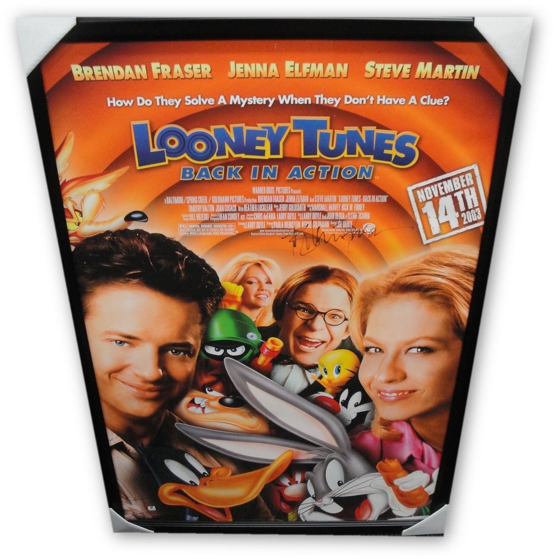 Framed Brendan Fraser Signed Oversized Movie Poster Global Authentics Certified: Framed Brendan Fraser Signed Oversized Movie Poster Global Authentics Certified This is a large, custom-framed movie poster from Looney Tunes, personally autographed by Brendan Fraser. The autograph