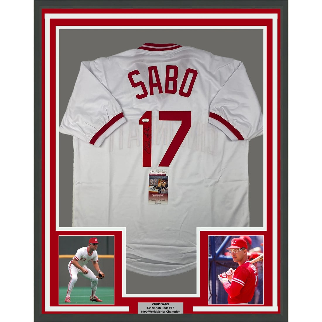 Framed Autographed Chris Sabo White Jersey 33x42 JSA COA Cincinnati Reds: Framed Autographed Chris Sabo White Jersey 33x42 JSA COA Cincinnati Reds Celebrate your love for baseball with this framed autographed Chris Sabo white baseball jersey, featuring a striking design