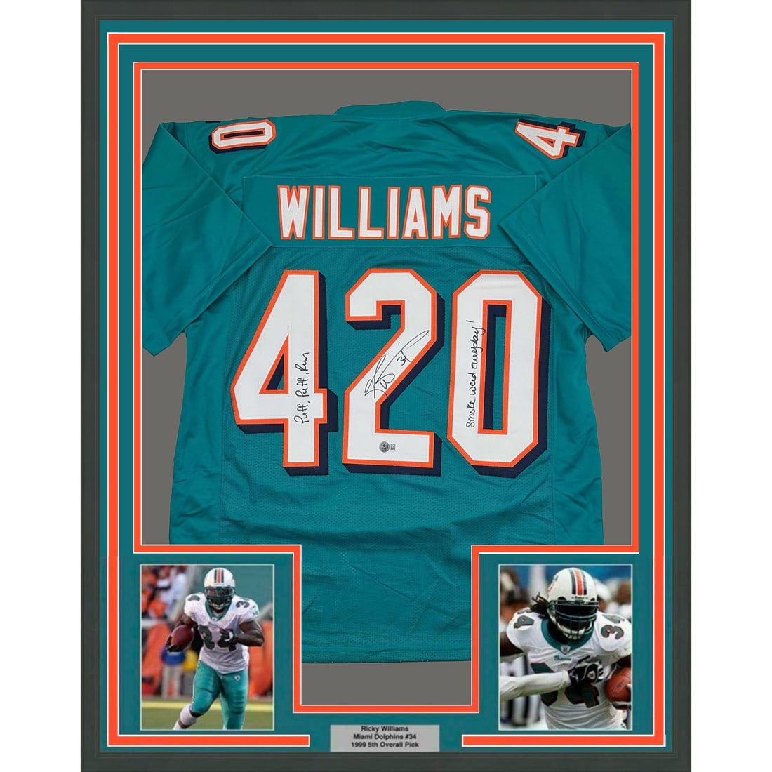 Ricky Williams Signed 35x39 Framed Jersey With BAS Authentication and Photos: Ricky Williams Signed 35x39 Framed Jersey With BAS Authentication and Photos This is a professionally framed and matted Ricky Williams autographed jersey, featuring the "Smoke Weed #420" inscription.