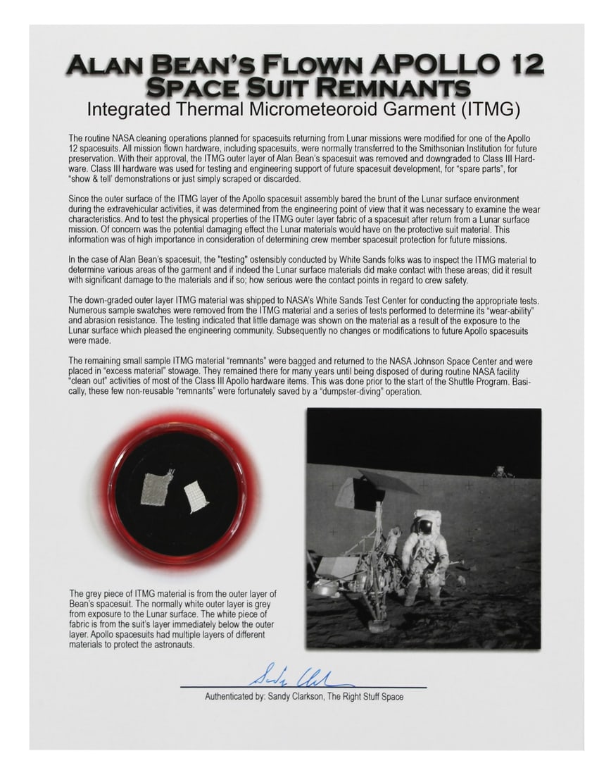 Apollo 12 Alan Bean Space Suit Outer and Second Layer Artifact Fragments: Apollo 12 Alan Bean Space Suit Outer and Second Layer Artifact Fragments This item features authentic remnants from Alan Bean's Apollo 12 space suit, specifically fragments from both the outer and