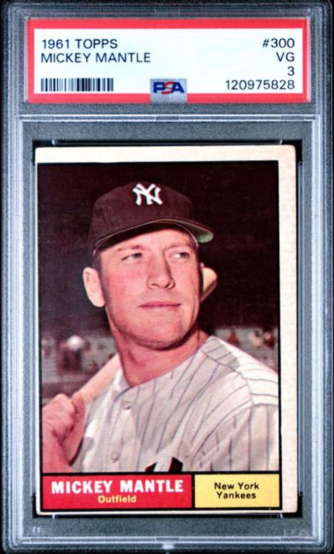 1961 Topps Mickey Mantle Yankees Card PSA Graded 3: 1961 Topps Mickey Mantle Yankees Card PSA Graded 3 This is an original 1961 Topps Mickey Mantle #300 trading card featuring the legendary New York Yankees player. The card has been professionally grad