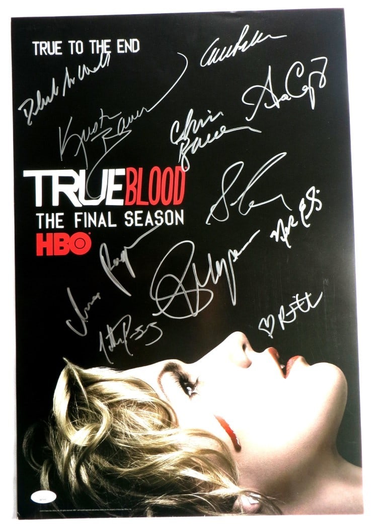 True Blood Signed 13x20 Poster with 11 Autographs JSA Certified: True Blood Signed 13x20 Poster with 11 Autographs JSA Certified This original 13" x 20" poster from the acclaimed series True Blood features the signatures of key cast members, including Anna Paquin,