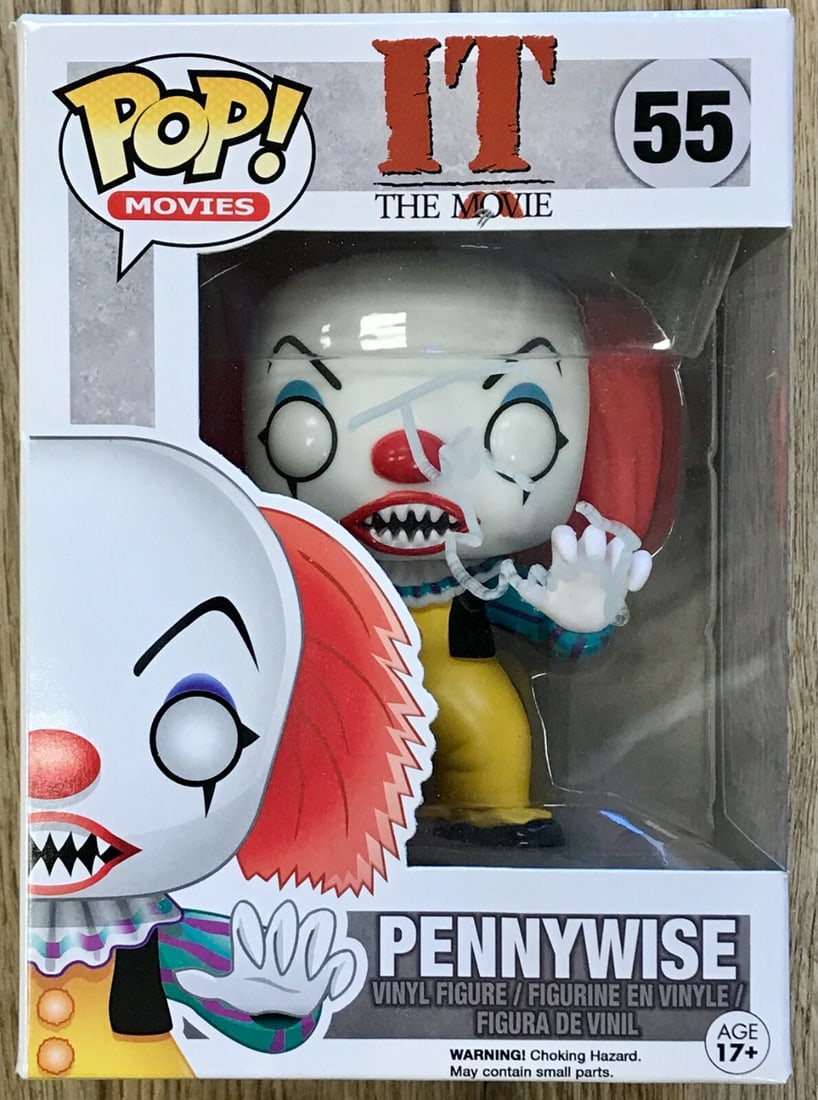 Tim Curry Signed Funko Pop Pennywise #55 IT Figure: Tim Curry Signed Funko Pop Pennywise #55 IT Figure This is a rare Tim Curry signed Funko Pop figure #55 of Pennywise from the movie IT. The figure features Tim Curry's authentic autograph in silver sh