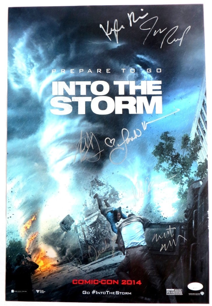 Into the Storm Cast Autographed 13x20 Poster 7 Signatures JSA: Into the Storm Cast Autographed 13x20 Poster 7 Signatures JSA This stunning 13X20 poster features the autographs of the cast from the film 'Into the Storm', including Kyle Davis, Nathan Kress, Jon Ree