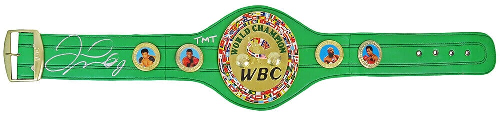 Floyd Mayweather Jr Signed Green World Champion Boxing Belt TMT COA: Floyd Mayweather Jr Signed Green World Champion Boxing Belt TMT COA This is a remarkable Floyd Mayweather Jr. signed green World Champion full-size boxing belt, featuring the inscription 'TMT,' which