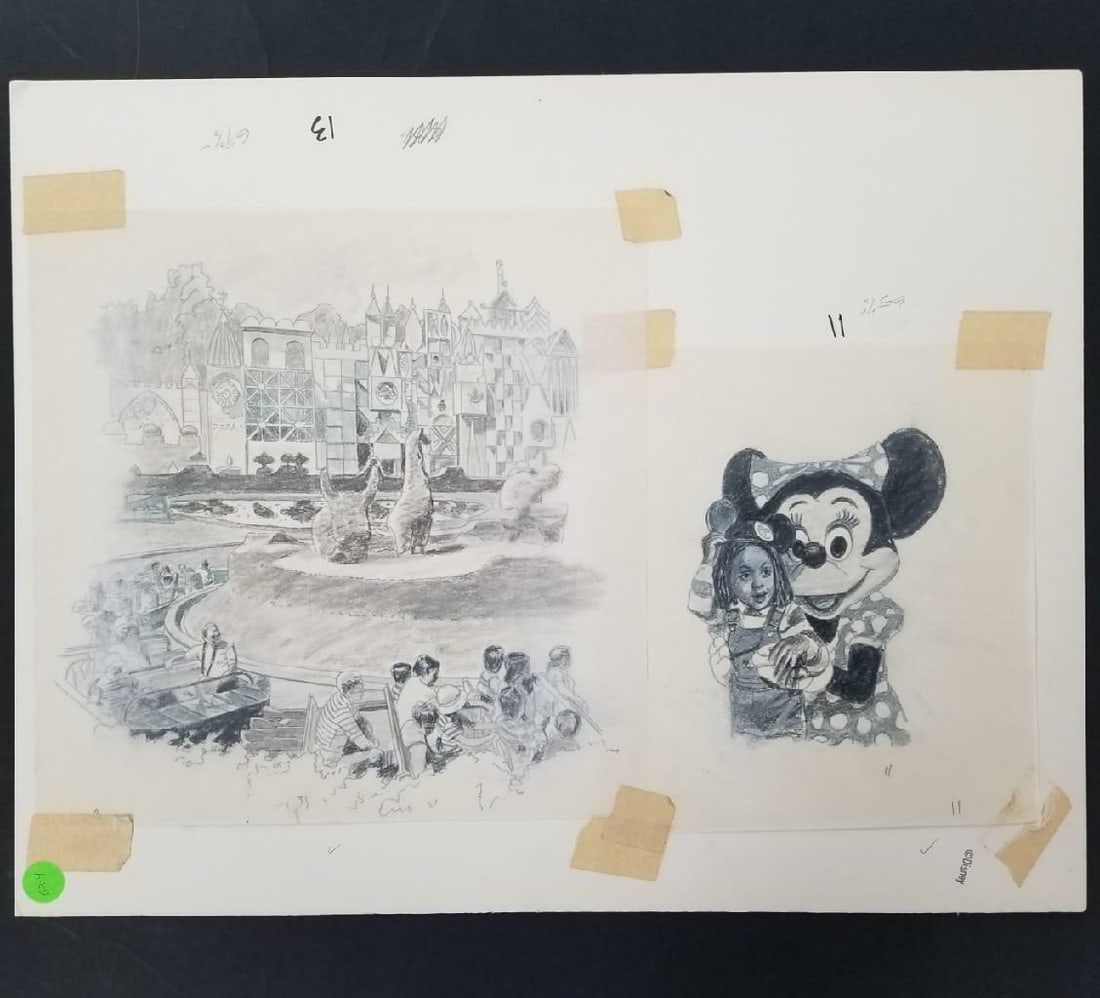 15x19 inch Minnie Mouse and Small World Disneyland Sketch with Disney COA: 15x19 inch Minnie Mouse and Small World Disneyland Sketch with Disney COA This is a pre-owned Disney Disneyland sketch artwork featuring Minnie Mouse with a Small World theme. The piece measures 15x19