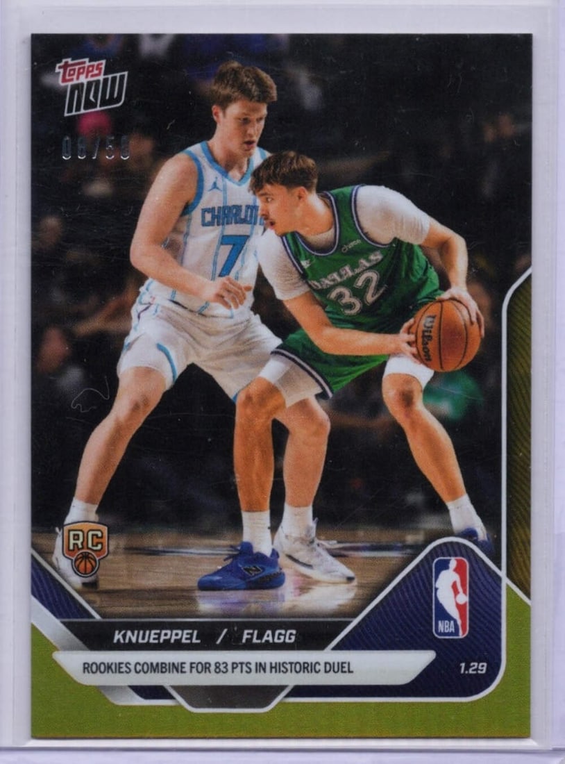 Gold Foil Rookie Basketball Card #152 Knueppel Flagg Serial Numbered to 50: Gold Foil Rookie Basketball Card #152 Knueppel Flagg Serial Numbered to 50 This is an original 2025 Topps Now #152 Gold Foil /50 RC basketball card featuring Kon Knueppel and Cooper Flagg. The card is