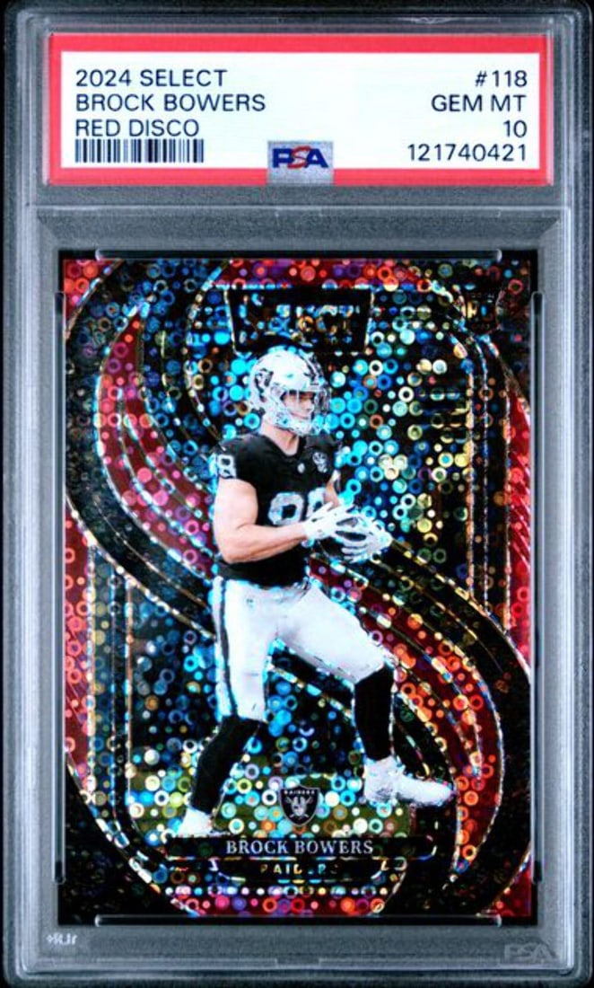 2024 Red Disco Rookie Card Brock Bowers #118 PSA 10 Graded /49: 2024 Red Disco Rookie Card Brock Bowers #118 PSA 10 Graded /49 This is a 2024 Panini Select Brock Bowers #118 Red Disco Rookie RC card, serial numbered out of 49. The card has been professionally grad