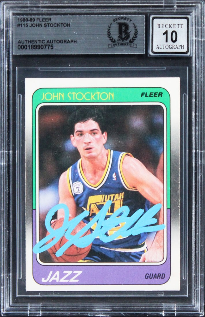 John Stockton Signed 1988 Fleer #115 Card Gem Mint 10 Beckett Slabbed: John Stockton Signed 1988 Fleer #115 Card Gem Mint 10 Beckett Slabbed Celebrate the legacy of basketball with this authentic signed 1988 Fleer #115 card featuring John Stockton, one of the greatest