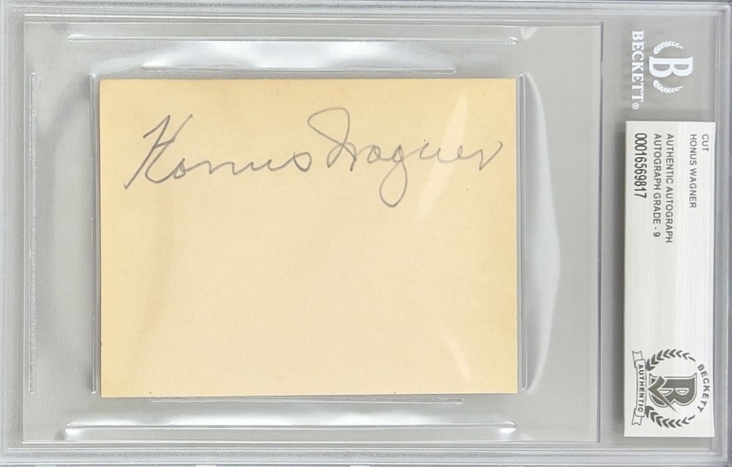 Honus Wagner Cut Signature Autographed 3 x 4 Beckett Authenticated: Honus Wagner Cut Signature Autographed 3 x 4 Beckett Authenticated This is an original cut signature of baseball legend Honus Wagner, measuring approximately 3 x 4 inches. The autograph has been grade