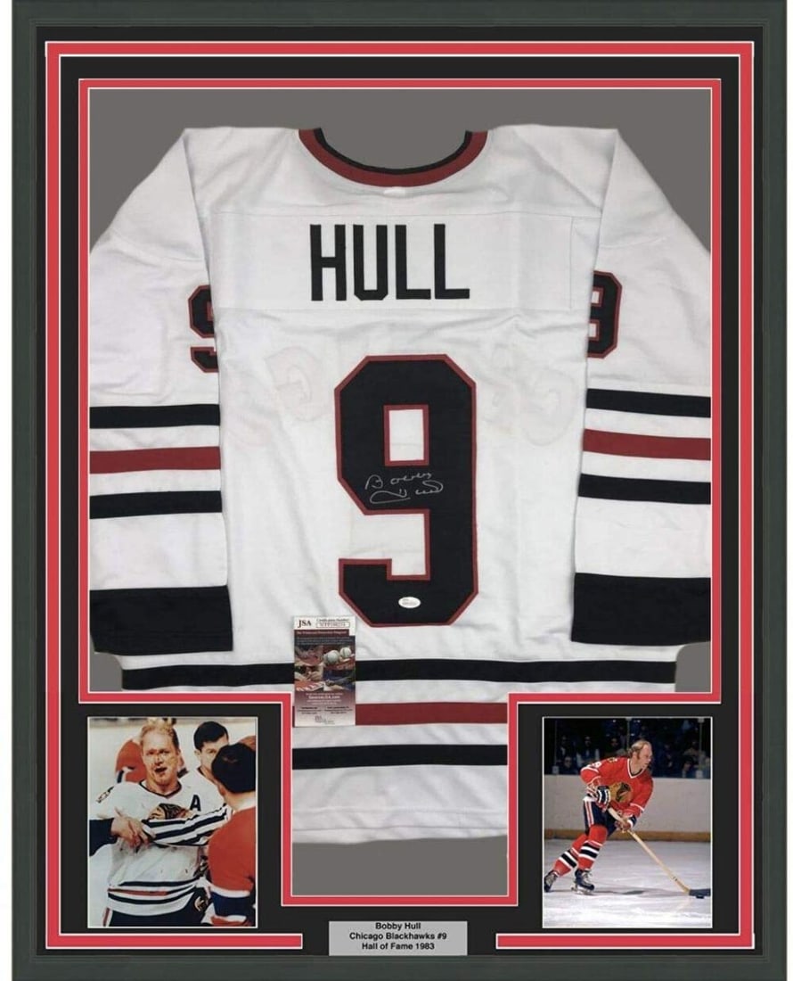 Framed Signed Bobby Hull 35x39 Chicago Blackhawks Jersey JSA COA (1 of 2)