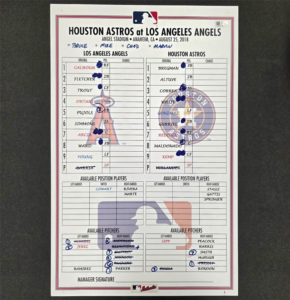 Game Used MLB Lineup Card From Ohtani 14th Home Run Off Verlander 2018: Game Used MLB Lineup Card From Ohtani 14th Home Run Off Verlander 2018 This is a game-used lineup card from the 2018 rookie season, marking Shohei Ohtani's 14th career home run against Verlander. The