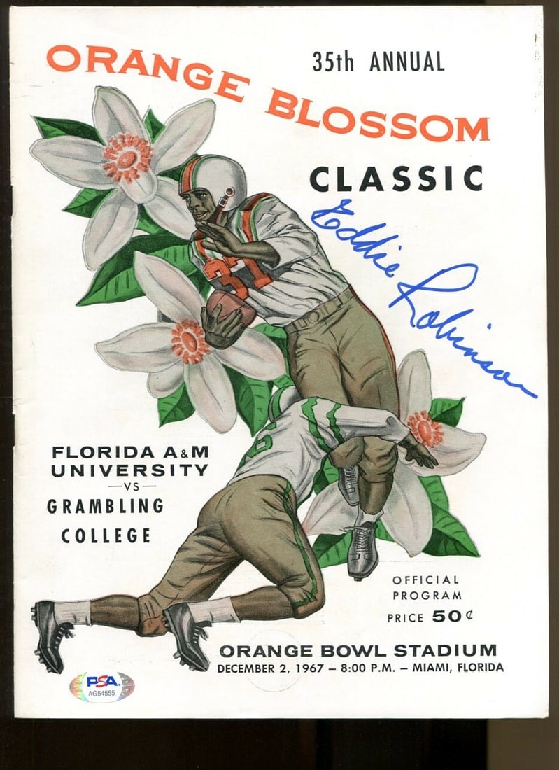 Eddie Robinson 1967 Orange Blossom Classic Signed Program PSA/DNA: Eddie Robinson 1967 Orange Blossom Classic Signed Program PSA/DNA This is an original 1967 Orange Blossom Classic program signed by Eddie Robinson, a notable figure in football history. The autograph