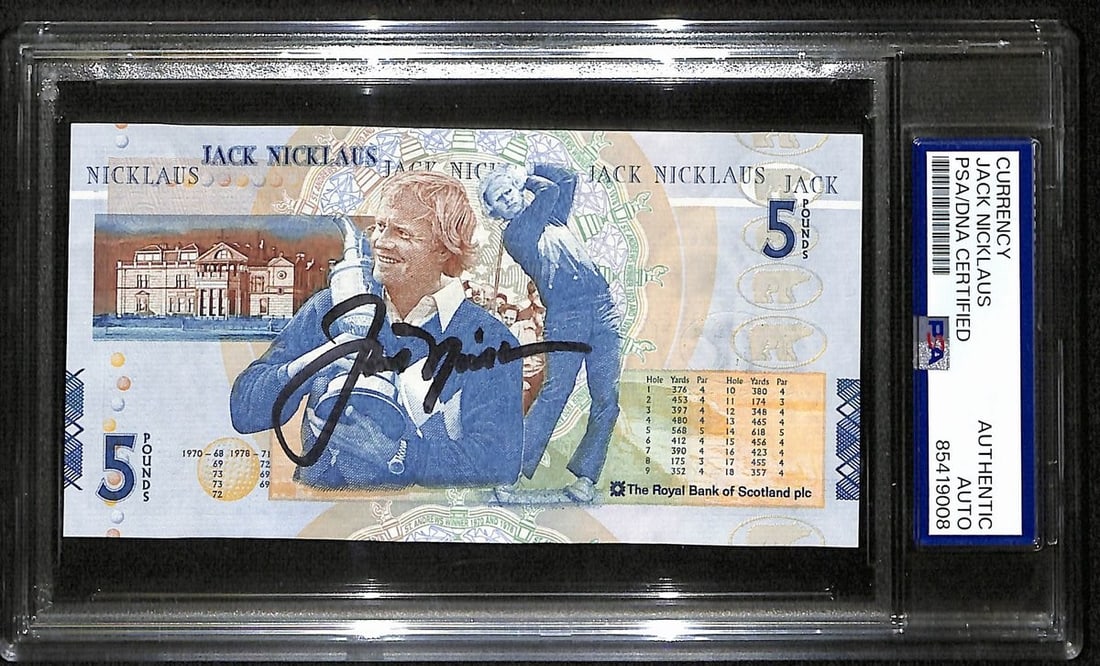 Jack Nicklaus Autographed Scottish Five Pounds Currency PSA/DNA: Jack Nicklaus Autographed Scottish Five Pounds Currency PSA/DNA This listing features an original Scottish Five Pounds currency that has been signed by legendary golfer Jack Nicklaus. The currency com
