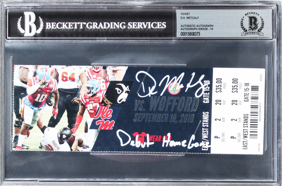 D.K. Metcalf Signed Ticket Stub Auto 10 Ole Miss Rebels Debut Game Beckett: D.K. Metcalf Signed Ticket Stub Auto 10 Ole Miss Rebels Debut Game Beckett Celebrate the debut home game of star player D.K. Metcalf with this signed ticket stub, graded Gem Mint 10! This original tic