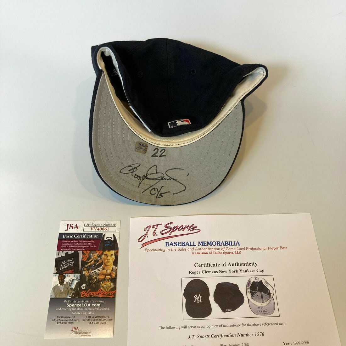 Roger Clemens Signed Yankees Game Used Cap with JSA COA Cy Young 5: Roger Clemens Signed Yankees Game Used Cap with JSA COA Cy Young 5 This is a 2000 New York Yankees game-used baseball cap signed by Roger Clemens, complete with James Spence Authentication (JSA) and J