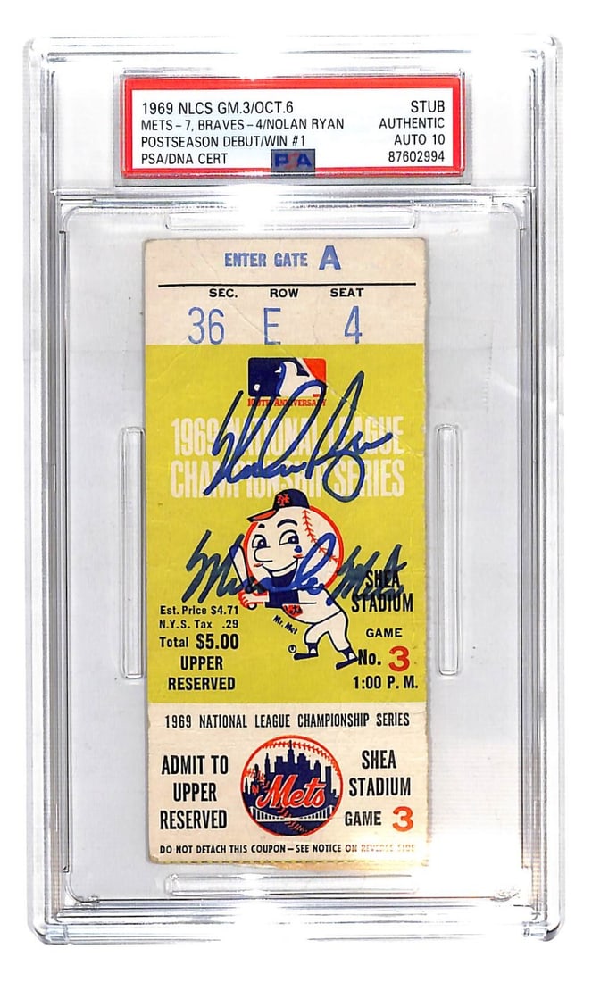 Nolan Ryan Signed 1969 NLCS Game 3 Ticket PSA 10 Auto: Nolan Ryan Signed 1969 NLCS Game 3 Ticket PSA 10 Auto This is an original ticket stub from the 1969 NLCS Game 3, autographed by legendary baseball player Nolan Ryan. The ticket is authenticated by Pro