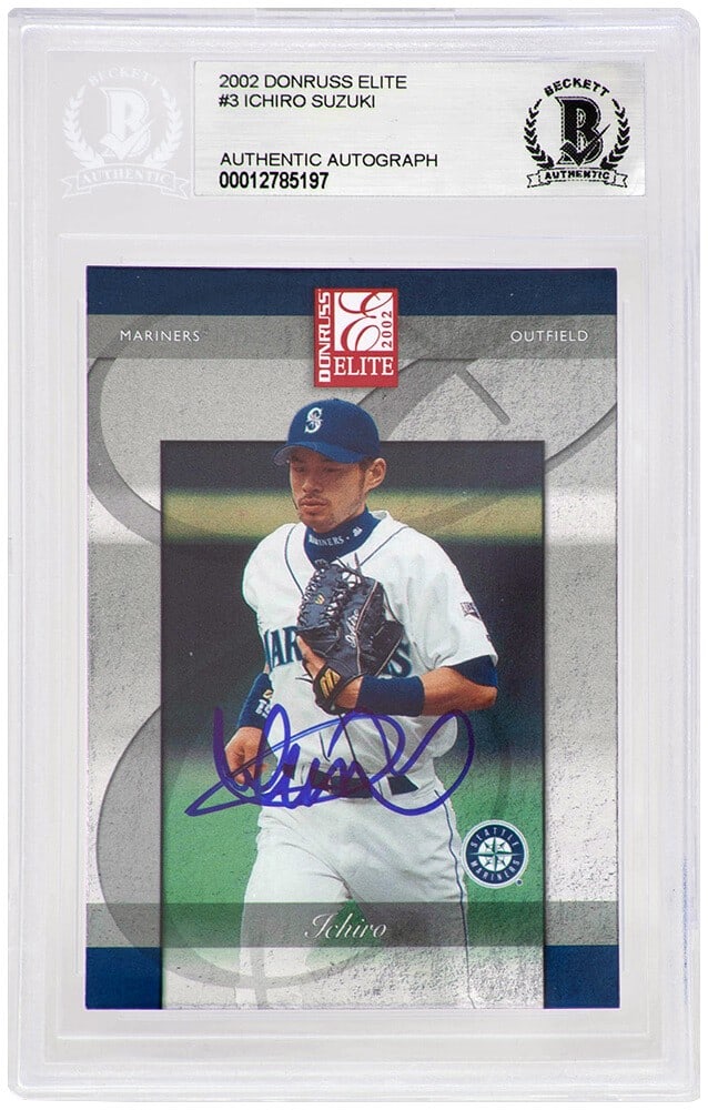 Ichiro Suzuki Signed Mariners 2002 Donruss Elite Card #3 Beckett Encapsulated: Ichiro Suzuki Signed Mariners 2002 Donruss Elite Card #3 Beckett Encapsulated This Ichiro Suzuki signed Seattle Mariners 2002 Donruss Elite baseball trading card #3 is a must-have for any collector. T