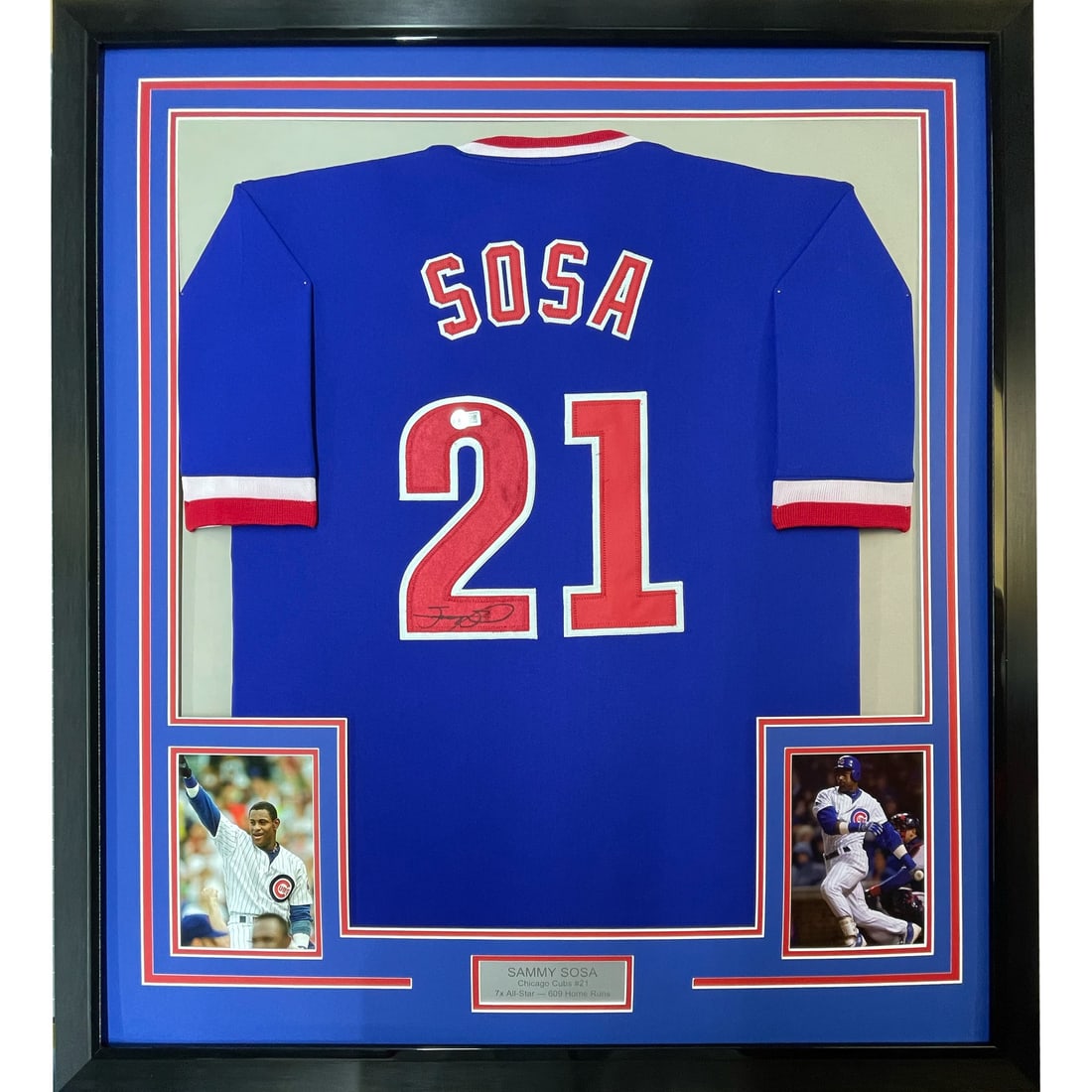 Framed Sammy Sosa Autographed Chicago Cubs Jersey with JSA COA: Framed Sammy Sosa Autographed Chicago Cubs Jersey with JSA COA Celebrate the legacy of a baseball legend with this professionally framed and autographed Sammy Sosa Chicago Cubs jersey. This original p