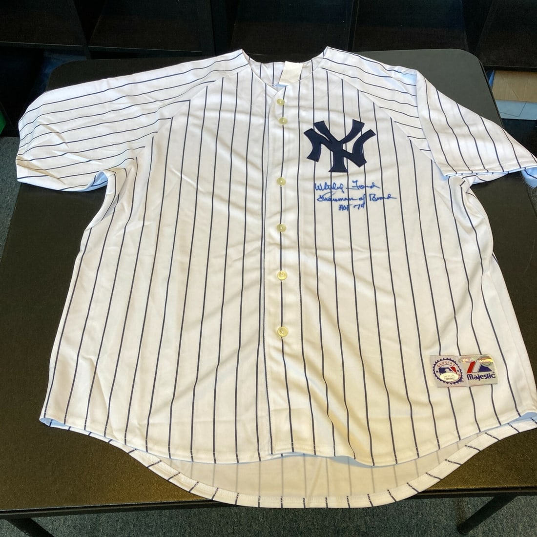 Whitey Ford Signed Yankees Jersey HOF 74 JSA COA Authentic: Whitey Ford Signed Yankees Jersey HOF 74 JSA COA Authentic This is an original signed jersey of Whitey Ford, a legendary figure in baseball and a Hall of Fame inductee in 1974, known as the 'Chairman