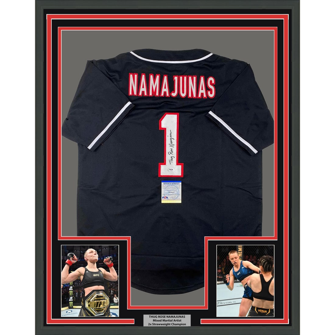 Framed Autographed Rose Namajunas Jersey PSA/DNA COA UFC Memorabilia: Framed Autographed Rose Namajunas Jersey PSA/DNA COA UFC Memorabilia This professionally framed and matted jersey features the autograph of UFC athlete Rose Namajunas, known for her incredible skills
