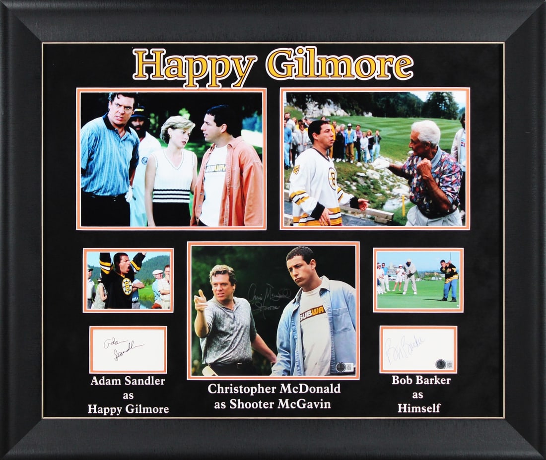 Happy Gilmore Signed Framed Display Sandler McDonald Barker BAS AE13682: Happy Gilmore Signed Framed Display Sandler McDonald Barker BAS AE13682 This striking autographed framed display features the signatures of Adam Sandler, Bob Barker, and Christopher McDonald from the