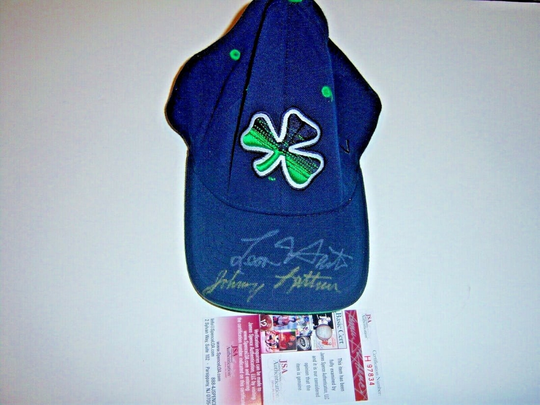 Notre Dame Signed Hat by Leon Hart and Johnny Lattner JSA Authenticated: Notre Dame Signed Hat by Leon Hart and Johnny Lattner JSA Authenticated This pre-owned hat has been worn and is signed by Leon Hart and Johnny Lattner, both associated with the Notre Dame Fighting Iri