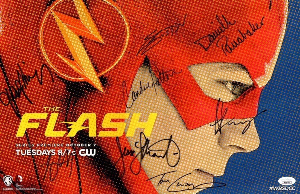 Flash Cast Autographed 11x17 Poster 8 Signatures JSA Authenticated: Flash Cast Autographed 11x17 Poster 8 Signatures JSA Authenticated This is an original 11x17 poster autographed by the cast of the popular show, Flash. The poster features signatures from notable star
