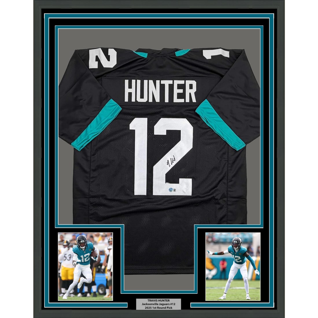 Travis Hunter Signed Jacksonville Jersey in 35x39 Framed Display with BAS COA: Travis Hunter Signed Jacksonville Jersey in 35x39 Framed Display with BAS COA This professionally framed and matted Jacksonville Jaguars black jersey is autographed by Travis Hunter. The display inclu