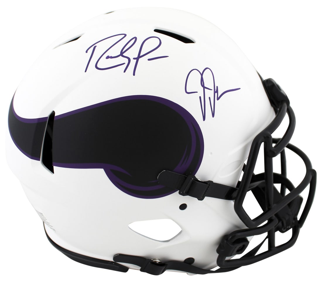 Randy Moss Justin Jefferson Signed Vikings Lunar Helmet BAS Authentication: Randy Moss Justin Jefferson Signed Vikings Lunar Helmet BAS Authentication This authentic lunar Riddell full-size speed Proline helmet features the signatures of NFL legends Randy Moss and Justin Jeff