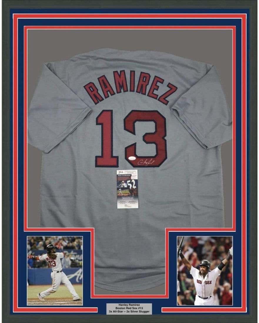 Framed Autographed Hanley Ramirez Boston Red Sox Jersey with JSA COA: Framed Autographed Hanley Ramirez Boston Red Sox Jersey with JSA COA This professionally framed and matted jersey features the autograph of MLB player Hanley Ramirez. Measuring 33"x42", the display in