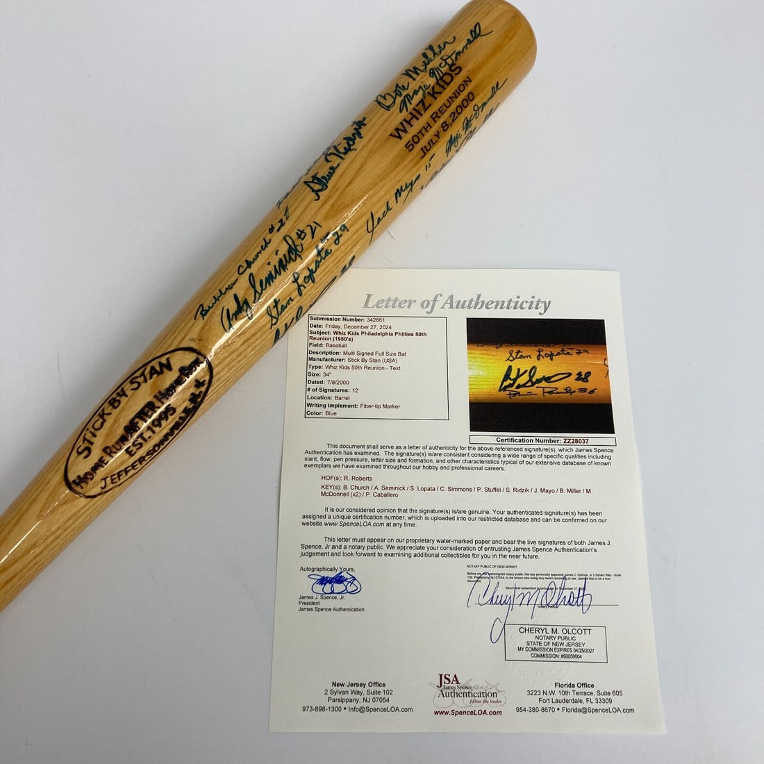 1950 Phillies Whiz Kids Team Signed Bat with JSA COA: 1950 Phillies Whiz Kids Team Signed Bat with JSA COA Celebrate the legacy of the Philadelphia Phillies with this authentic 1950 Whiz Kids team-signed bat. This remarkable souvenir commemorates the ico