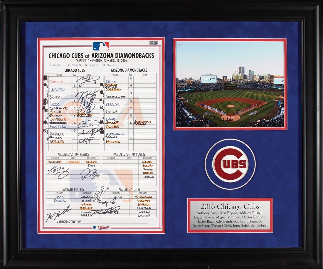 2016 Chicago Cubs Team-Signed Game-Used Lineup Card MLB Auth 28x24: 2016 Chicago Cubs Team-Signed Game-Used Lineup Card MLB Auth 28x24 Celebrate the historic victory of the 2016 Chicago Cubs with this impressive framed display featuring a game-used lineup card from Ap