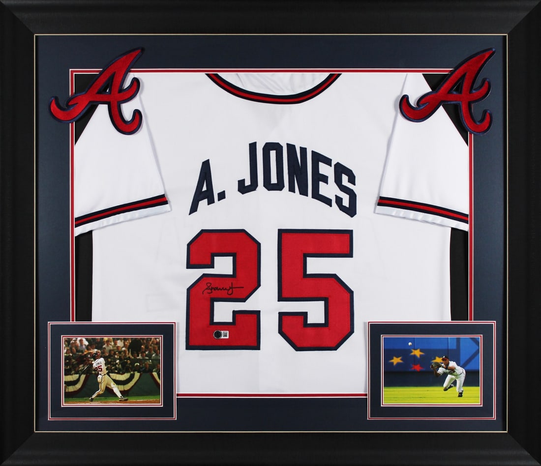 Andruw Jones Autographed Framed Jersey Atlanta Braves BAS Certified: Andruw Jones Autographed Framed Jersey Atlanta Braves BAS Certified Celebrate the legacy of Andruw Jones with this authentic signed white pro style framed jersey. Personally signed by the Atlanta Brav