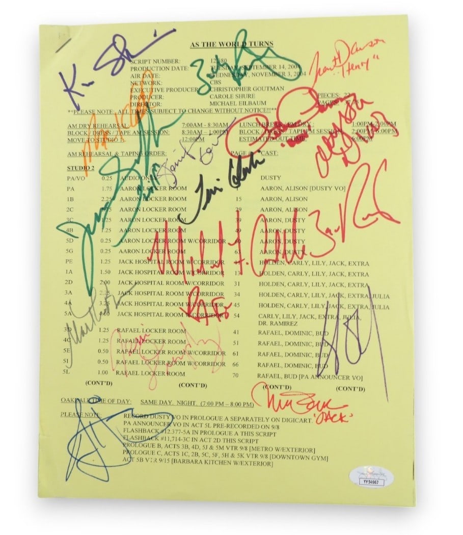 As the World Turns Cast Signed Script 2004 with 17 Autographs JSA Certified: As the World Turns Cast Signed Script 2004 with 17 Autographs JSA Certified This is an original autographed TV script from the renowned soap opera "As the World Turns," featuring a total of 17 signatu