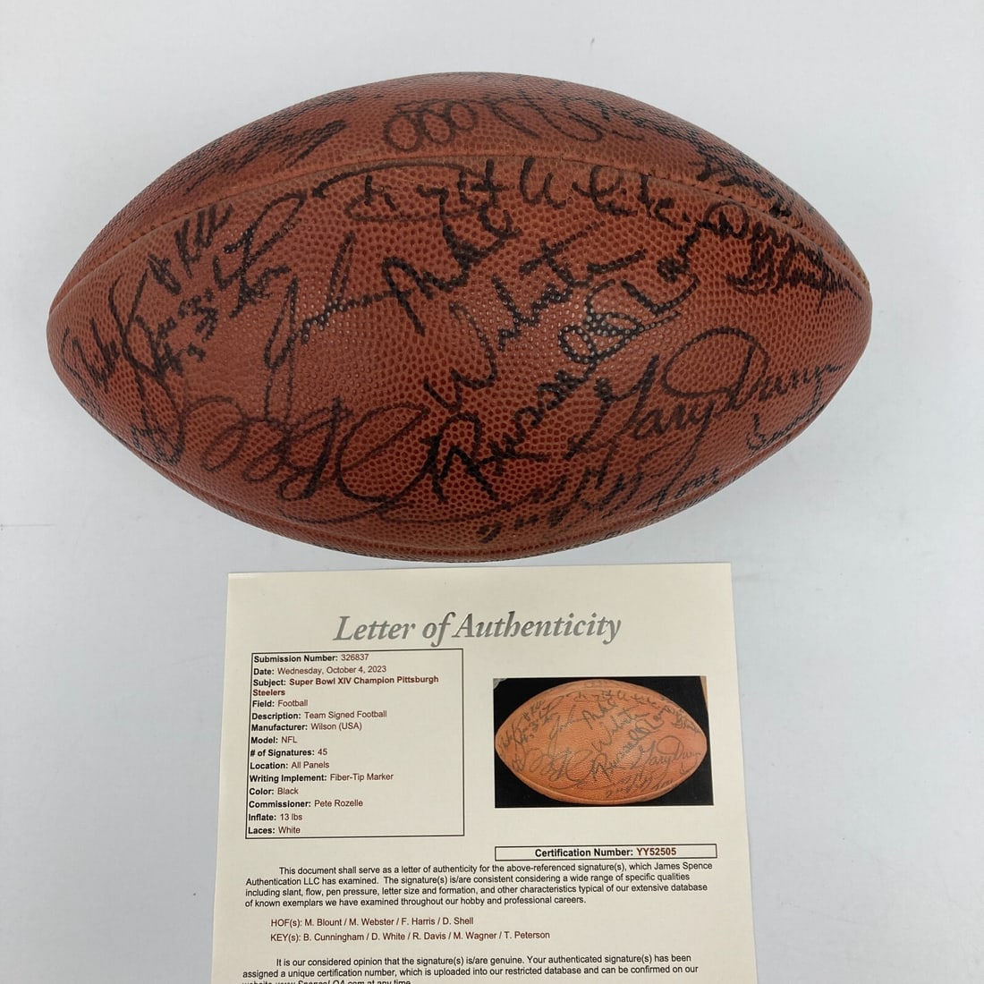 1979 Pittsburgh Steelers Super Bowl Football Signed by 45 with JSA: 1979 Pittsburgh Steelers Super Bowl Football Signed by 45 with JSA Celebrate the legacy of the 1979 Pittsburgh Steelers with this remarkable autographed game-used football. This official P. Rozelle NF