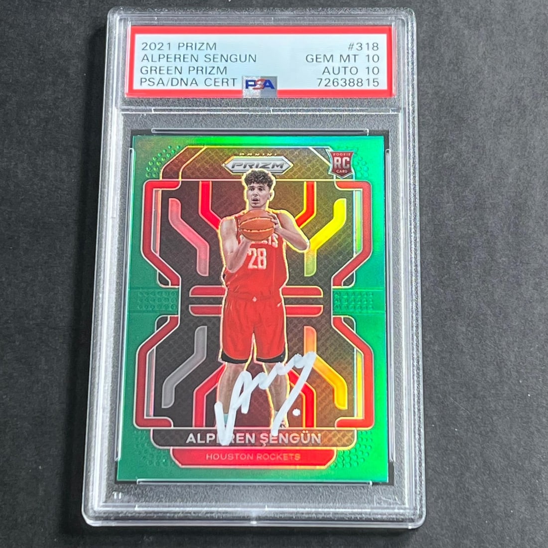 2021-22 Panini Prizm Green #318 Alperen Sengun Autographed PSA 10 Rookie Card: 2021-22 Panini Prizm Green #318 Alperen Sengun Autographed PSA 10 Rookie Card This is a 2021-22 Panini Prizm Green #318 Alperen Sengun autographed sports trading card from the Houston Rockets. It feat