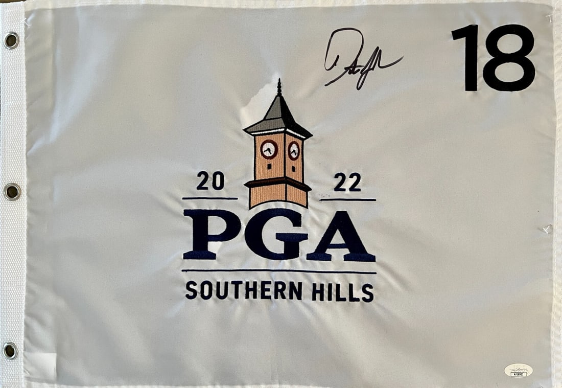 Dustin Johnson Signed 2022 PGA Championship Southern Hills Flag JSA Authenticated: Dustin Johnson Signed 2022 PGA Championship Southern Hills Flag JSA Authenticated This is an authentic 2022 PGA Championship Southern Hills #18 pin flag signed by professional golfer Dustin Johnson. T