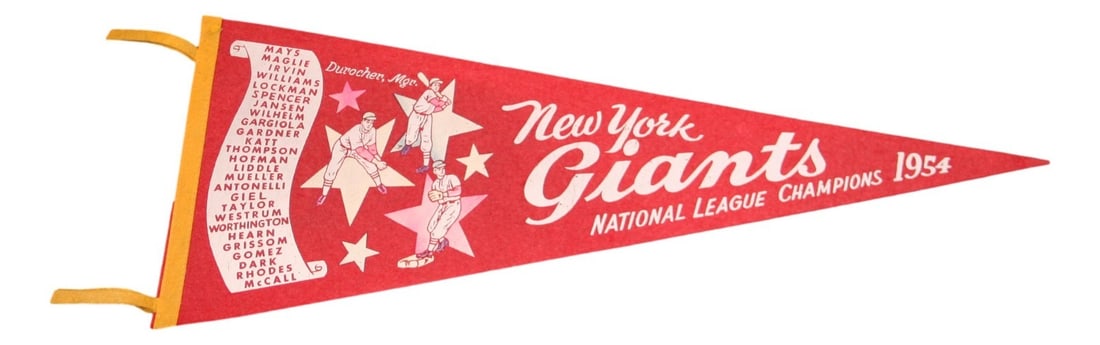 1954 New York Giants Baseball Pennant Featuring Willie Mays 29 Inch Vintage Scroll: 1954 New York Giants Baseball Pennant Featuring Willie Mays 29 Inch Vintage Scroll This vintage 1954 New York Giants pennant features a scroll design and measures 29 inches in length. It is an origina
