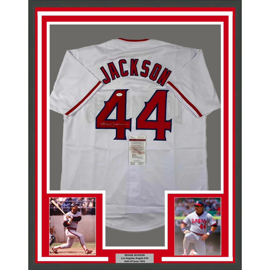 Framed Reggie Jackson Autographed White Jersey with JSA COA: Framed Reggie Jackson Autographed White Jersey with JSA COA This stunning, professionally framed display features a signed Reggie Jackson LA White Jersey, measuring 33x42 inches. The jersey is complem