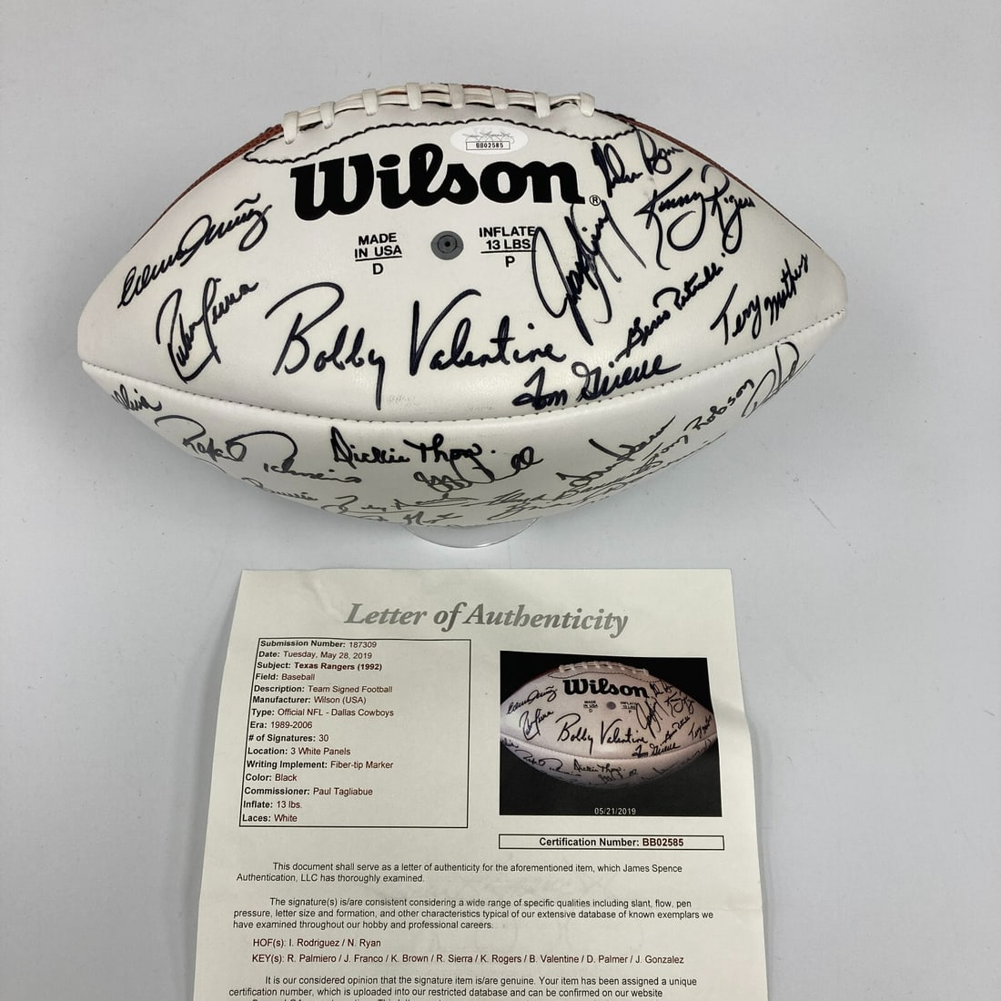 1992 Texas Rangers Team Signed Cowboys Football Nolan Ryan JSA COA: 1992 Texas Rangers Team Signed Cowboys Football Nolan Ryan JSA COA This unique 1992 Texas Rangers Team Signed Dallas Cowboys Football features the autograph of legendary pitcher Nolan Ryan and is a mu