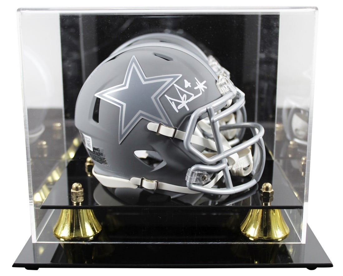Dak Prescott Signed Dallas Cowboys Slate Mini Helmet with Beckett Authentication: Dak Prescott Signed Dallas Cowboys Slate Mini Helmet with Beckett Authentication This authentic mini helmet features a sleek slate speed design, personally signed by Dak Prescott, quarterback of the D